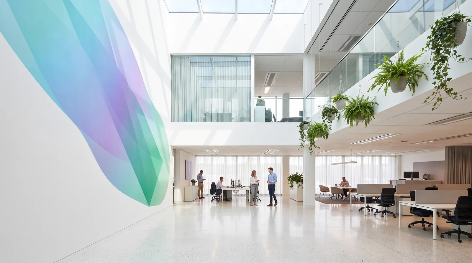Grande vague en dégradé turquoise et violet imprimée sur le mur blanc d'un atrium de bureaux