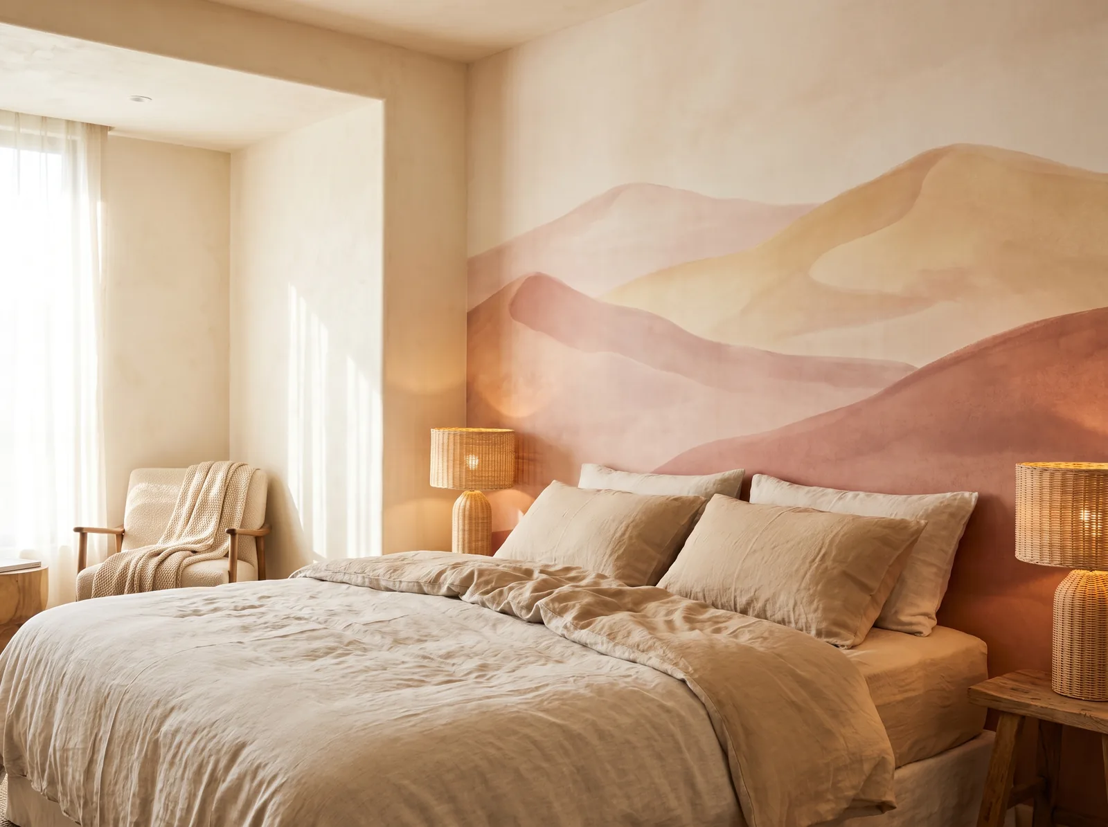 Fresque panoramique de dunes imprimée derrière une tête de lit