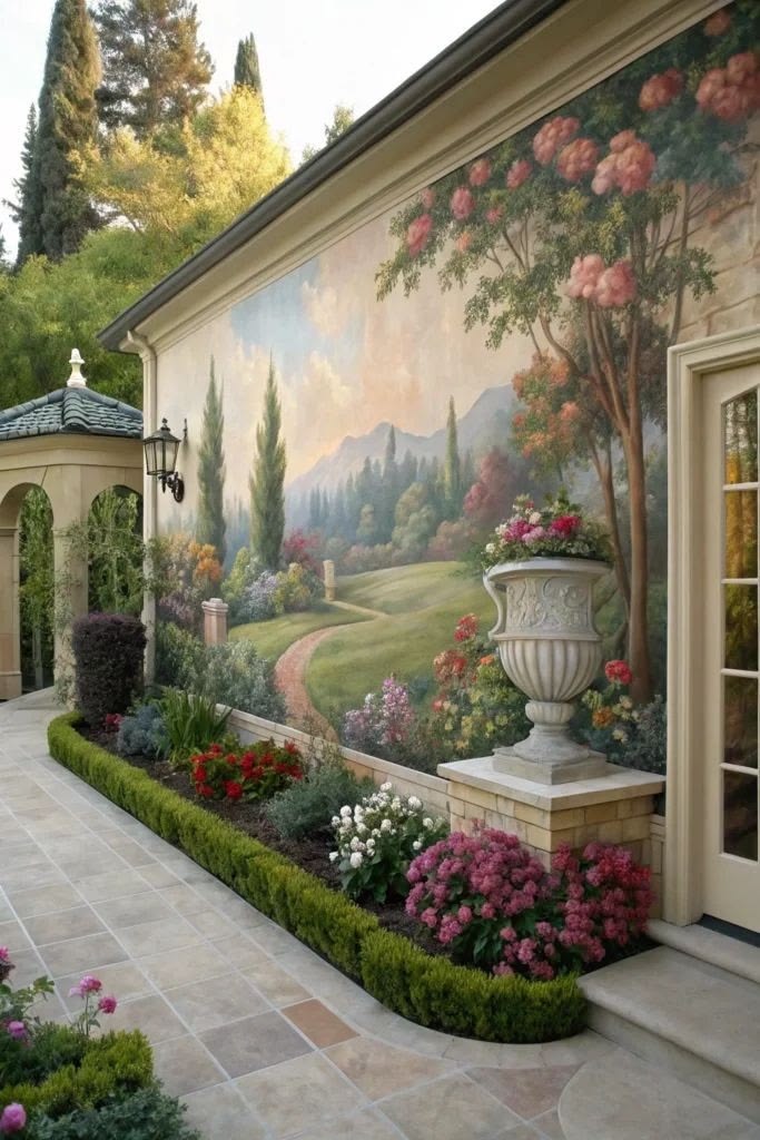 Fresque de jardin à l'italienne en trompe-l'œil sur le mur extérieur d'une maison, au-dessus d'un massif fleuri