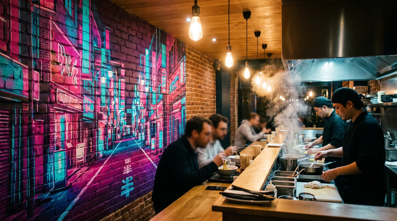 Fresque de ruelle néon façon Tokyo imprimée sur le mur de briques d'un bar à ramen