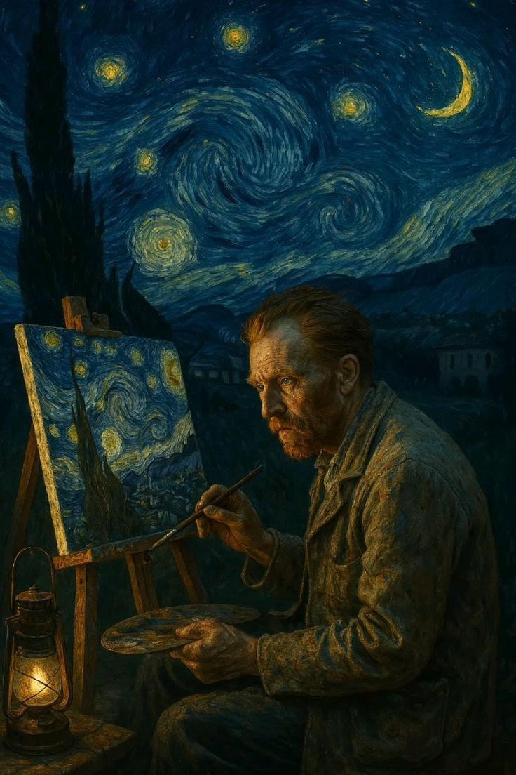 Peintre à son chevalet sous un ciel étoilé tourbillonnant, à la manière de Van Gogh