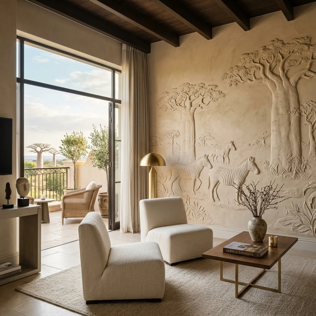 Fresque savane imprimée sur enduit texturé, zèbre au premier plan