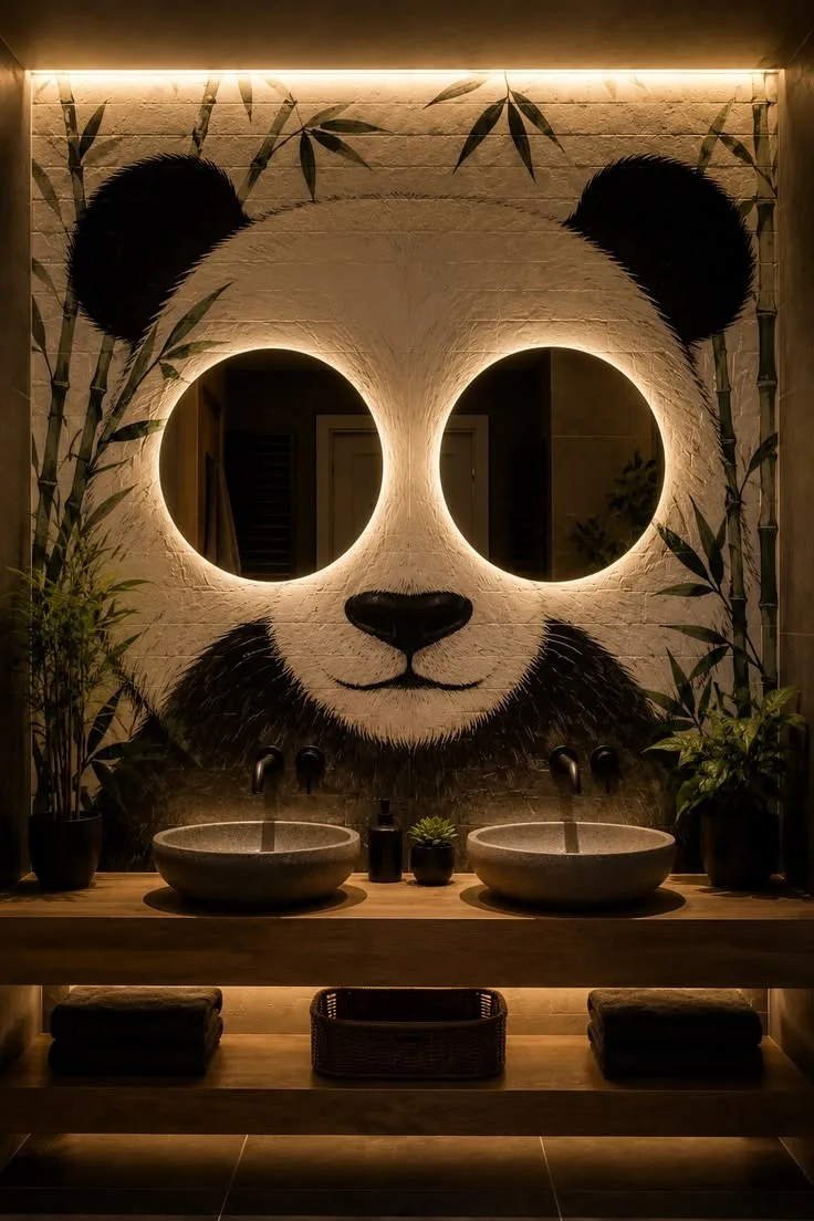 Fresque panda dans une salle de bain, miroirs ronds en guise d yeux