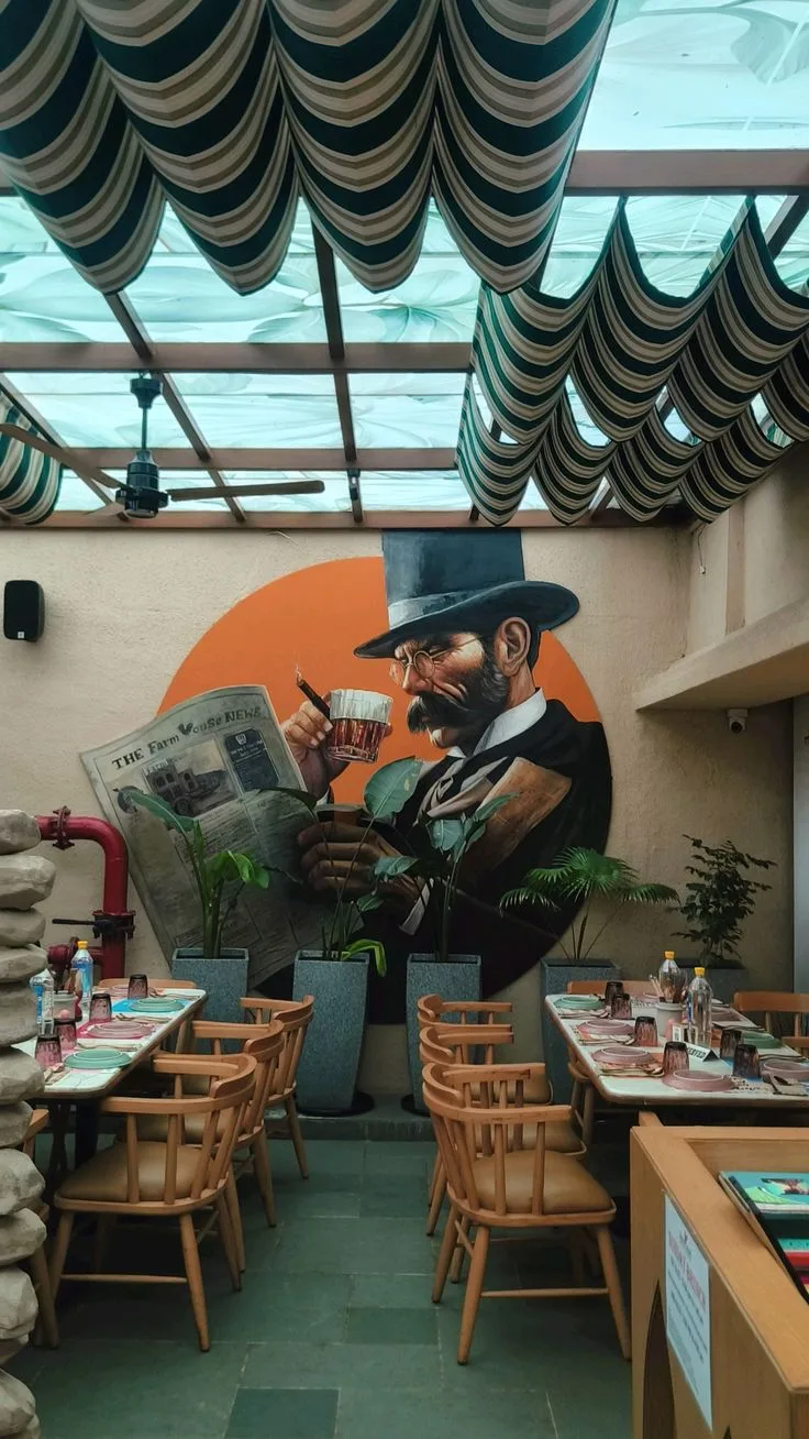 Fresque steampunk dans une salle de restaurant