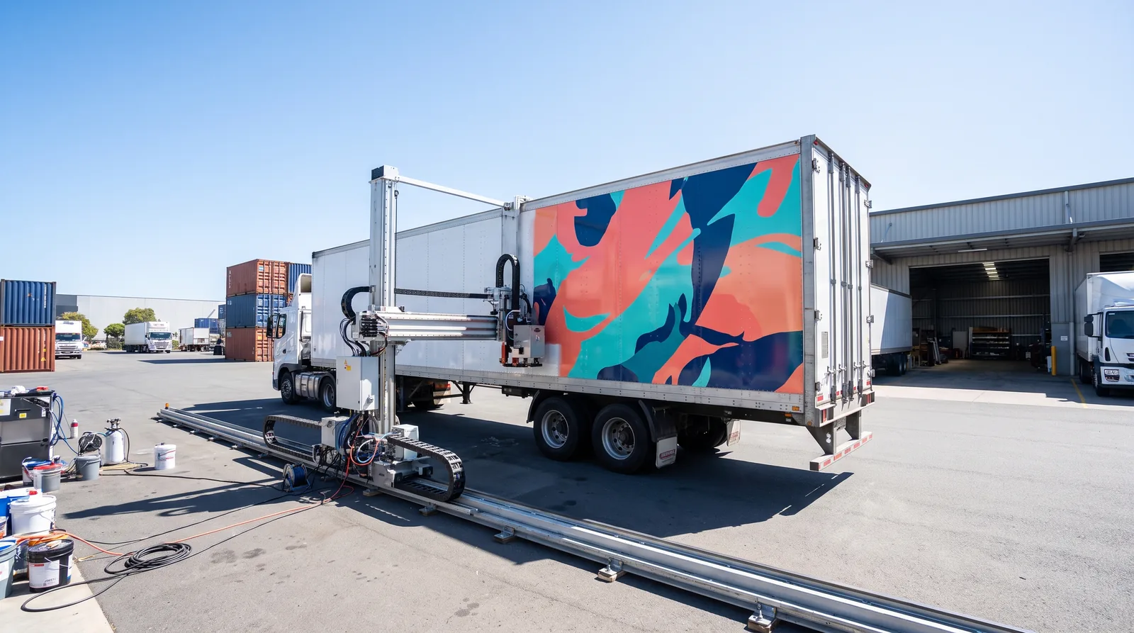 Imprimante robotisée DÉCOR TON MUR imprimant directement sur la carrosserie d'un camion de marchandises